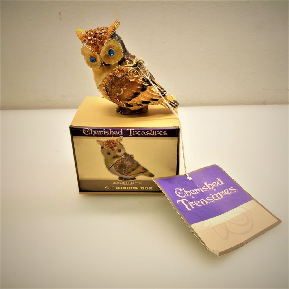 CHERISHED TREASURES JEWELED OWL HINGED STORAGE TRINKET BOX GLOSSY ENAMEL VTG NEW